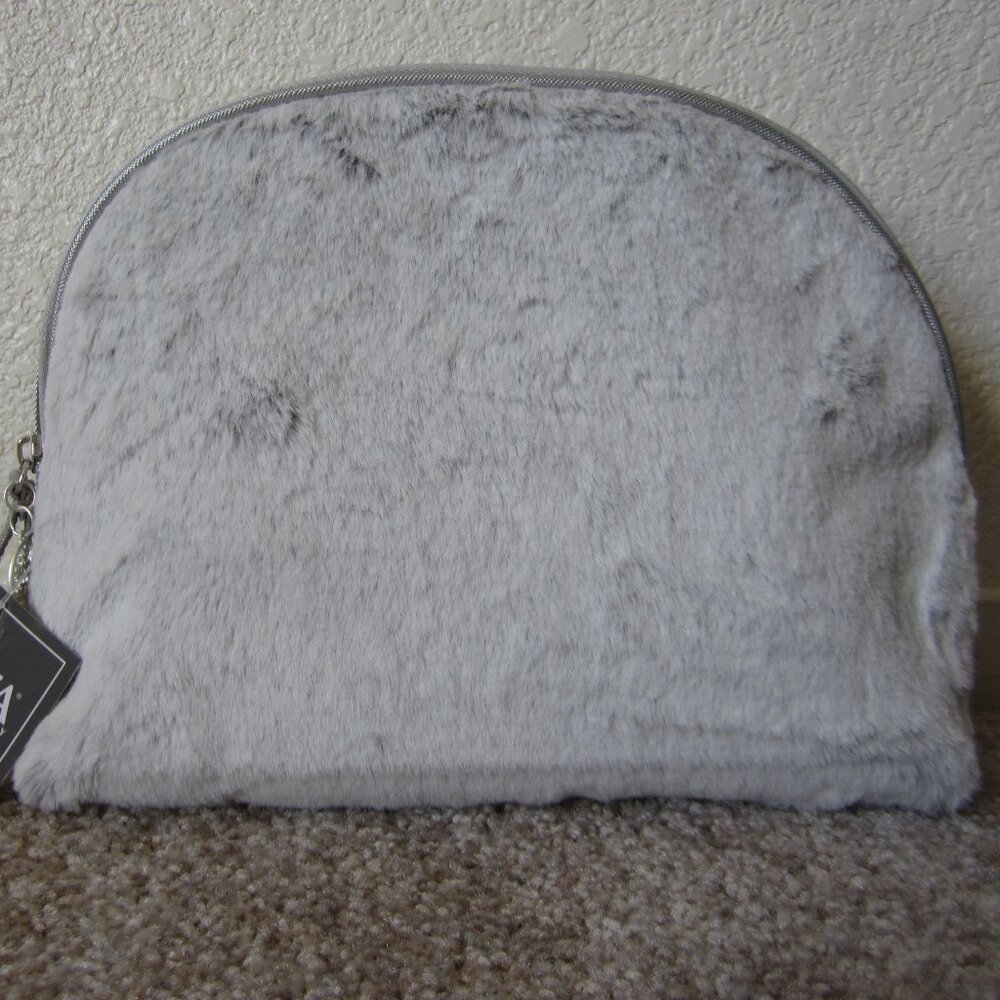 Ulta Beauty light gray fuzzy makeup cosmetic bag with snowflake zipper